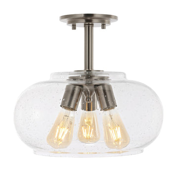 Lina 13.75" Modern Industrial Iron/Seeded Glass LED Semi Flush Mount - JONATHAN Y